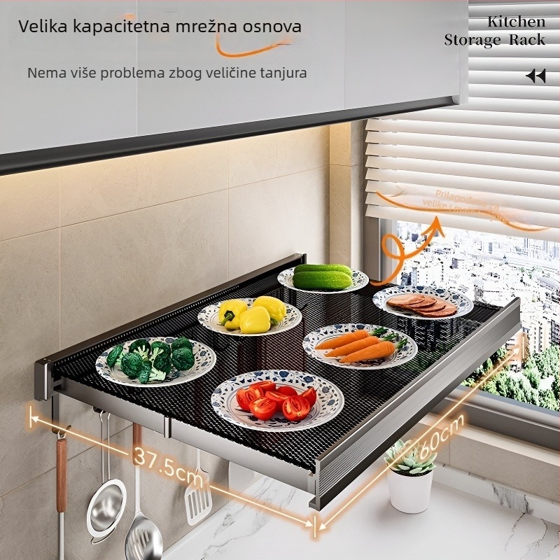 Sklopivi kuhinjski stalak za pripremu hrane – aluminij, zidni montaža, višenamjenski, pravokutni dizajn