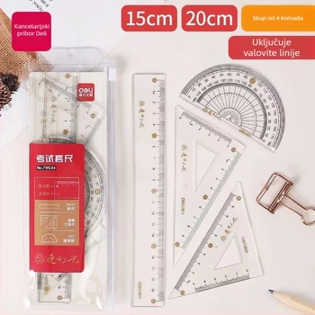 Deli 71950 Četverodijelni set za crtanje: pravilo, kutnik, goniometar, plastični set – 24 setova u pakiranju, neto težina 55 g