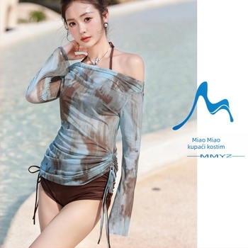 Trodijelni bikini set s pokrovom, prugastim uzorkom, dugi rukav, s podstavljenim čašicama, od milk silk tkanine (94% poliester, 6% spandex), korejski nadahnut dizajn za žene