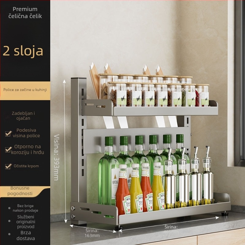 Kuhinjski stalak za začine i nože, višeslojno prilagodljiv, od karbonskog čelika, na kuhinjski pult, bez bušenja