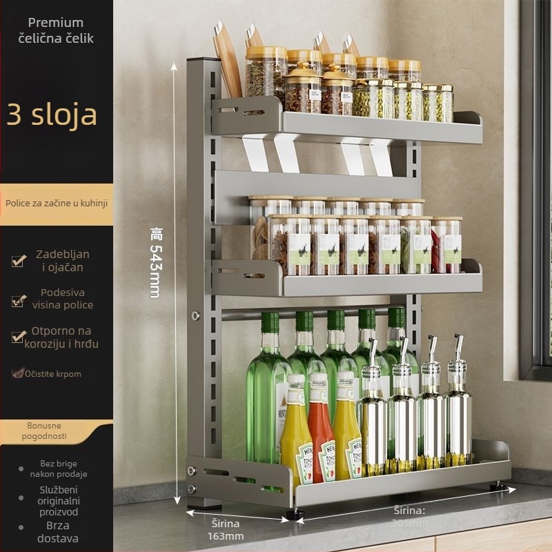 Kuhinjski stalak za začine i nože, višeslojno prilagodljiv, od karbonskog čelika, na kuhinjski pult, bez bušenja