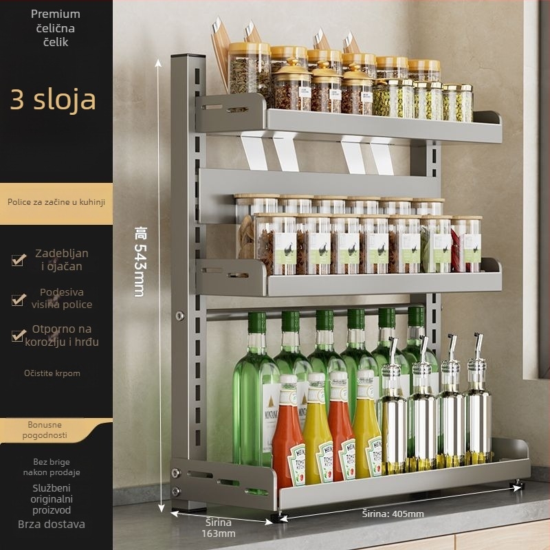 Kuhinjski stalak za začine i nože, višeslojno prilagodljiv, od karbonskog čelika, na kuhinjski pult, bez bušenja