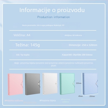 A4 mapa s 4 rupama, PP unutarnje stranice, 60 listova, mogućnost prilagodbe