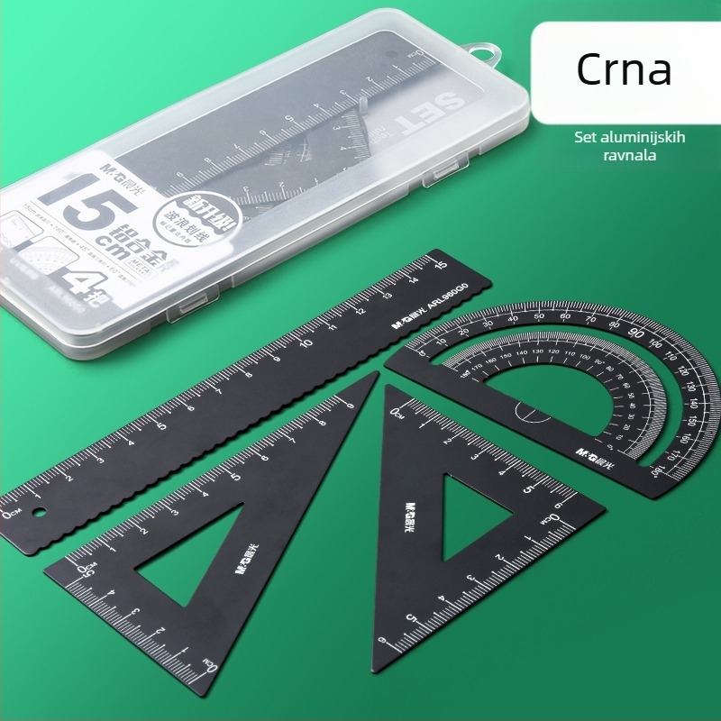Set centimetarskih ravnala za učenike osnovne škole – uključuje ravnalo s centimetrom, trokut ravnalo i plastični set za crtanje