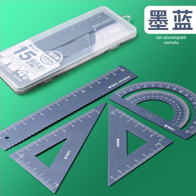 Set centimetarskih ravnala za učenike osnovne škole – uključuje ravnalo s centimetrom, trokut ravnalo i plastični set za crtanje