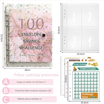 Jereda 100-dnevni novčani štedni binder s 6 rupa, 25 listova, unutarnje stranice od kartona, model Plastic-001