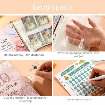 Jereda 100-dnevni novčani štedni binder s 6 rupa, 25 listova, unutarnje stranice od kartona, model Plastic-001