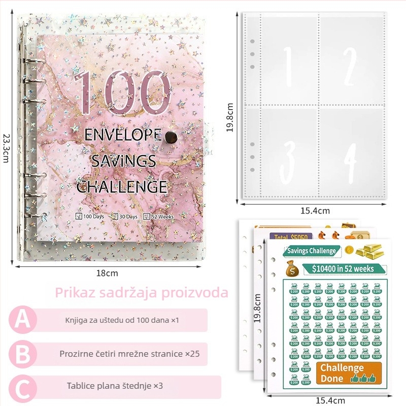 Jereda 100-dnevni novčani štedni binder s 6 rupa, 25 listova, unutarnje stranice od kartona, model Plastic-001