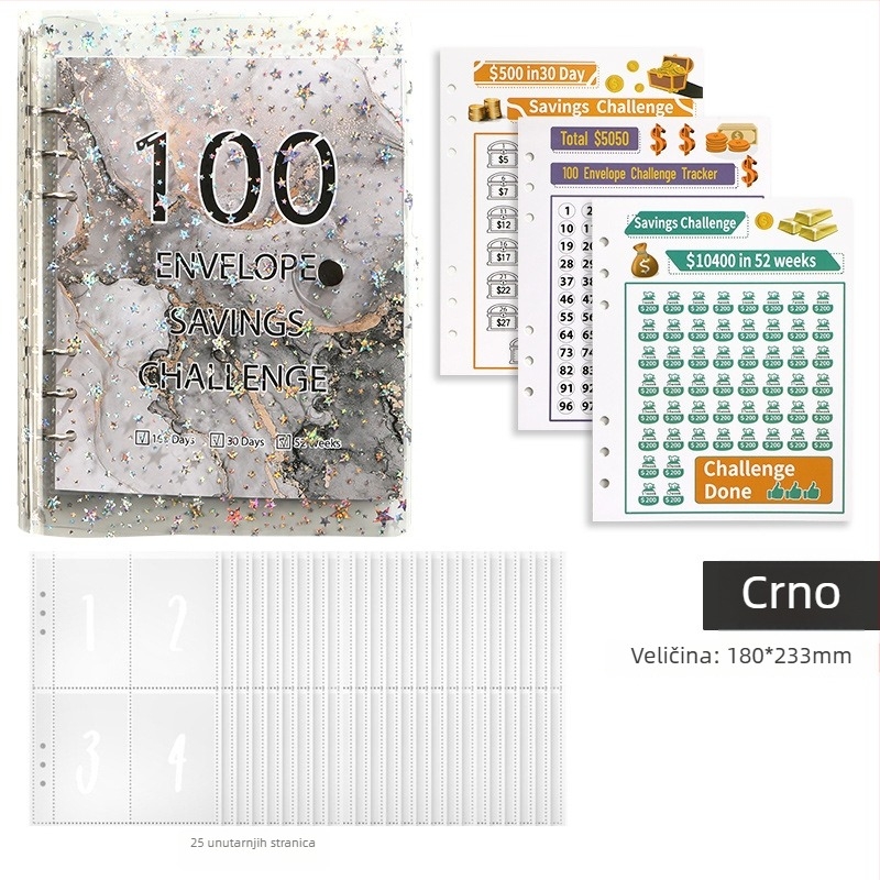 Jereda 100-dnevni novčani štedni binder s 6 rupa, 25 listova, unutarnje stranice od kartona, model Plastic-001