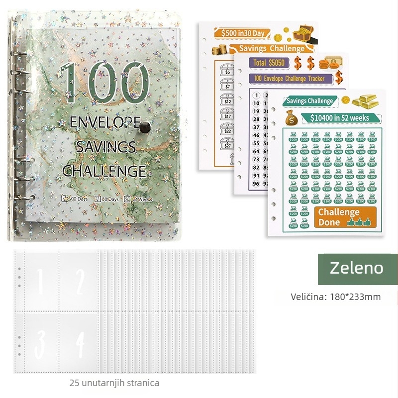Jereda 100-dnevni novčani štedni binder s 6 rupa, 25 listova, unutarnje stranice od kartona, model Plastic-001