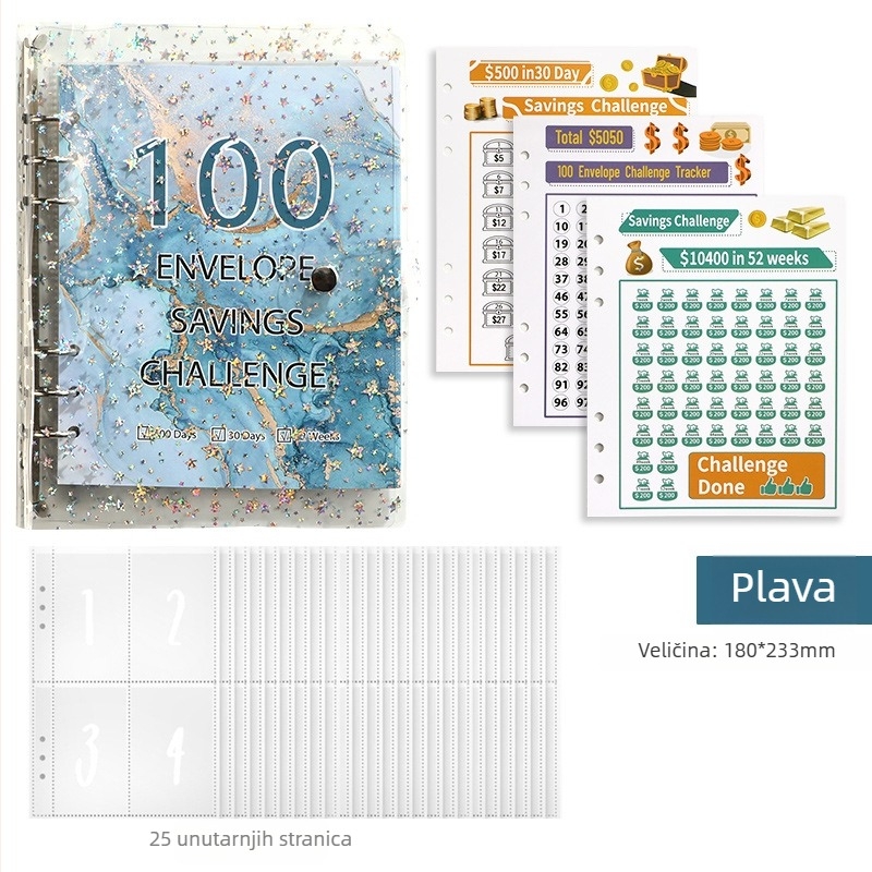 Jereda 100-dnevni novčani štedni binder s 6 rupa, 25 listova, unutarnje stranice od kartona, model Plastic-001