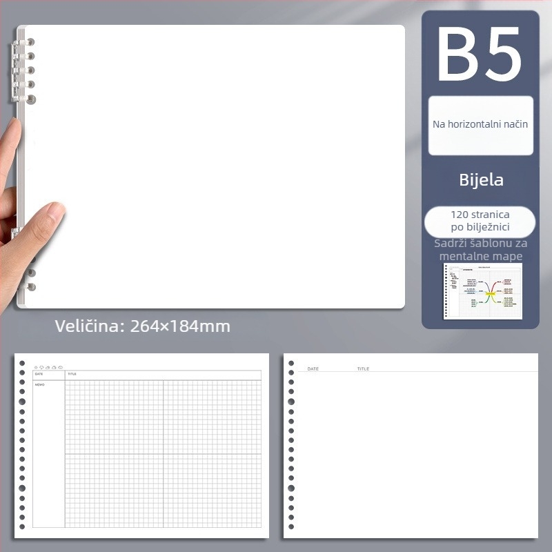 Mind Mapping bilježnica za studente, format B5, izdvojivi aktivni jezgri zamjene stranica, mrežne stranice, 60 listova, 26 rupa