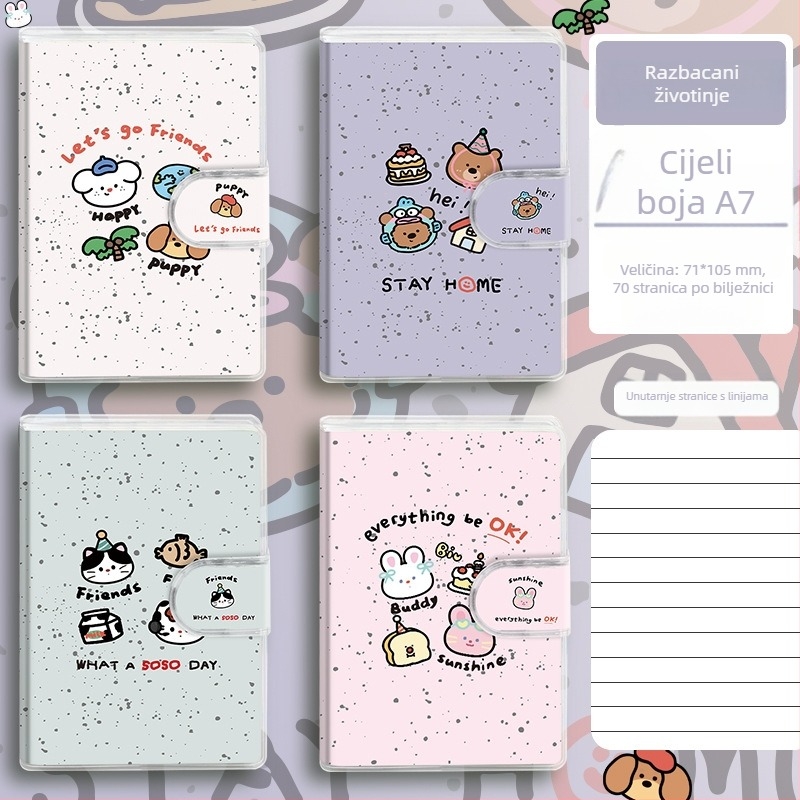 Kapesna bilježnica s slatkim crtani dizajnom, koža‑imitacija korica, bezžično vezanje, Dowling papir 70 gsm, japanski/korejski slatki stil