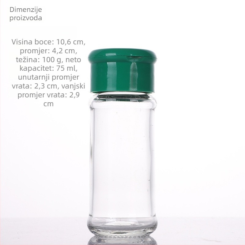 Staklena bočica za začine s dozatorom za čvrste začine | Materijal: staklo; Vrsta začina: čvrsti začini; Tisak logotipa: moguć; Dizajn: moderni minimalistički dizajn; Lansiranje: zima 2017