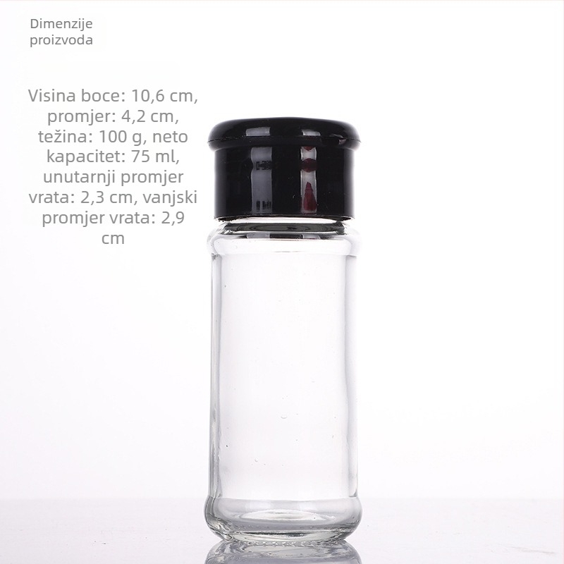Staklena bočica za začine s dozatorom za čvrste začine | Materijal: staklo; Vrsta začina: čvrsti začini; Tisak logotipa: moguć; Dizajn: moderni minimalistički dizajn; Lansiranje: zima 2017