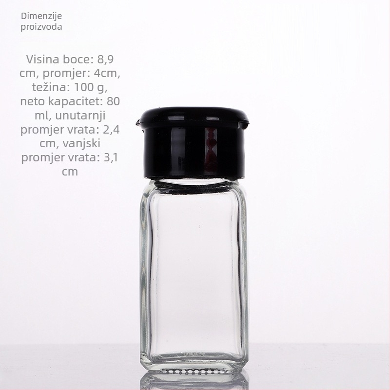 Staklena bočica za začine s dozatorom za čvrste začine | Materijal: staklo; Vrsta začina: čvrsti začini; Tisak logotipa: moguć; Dizajn: moderni minimalistički dizajn; Lansiranje: zima 2017