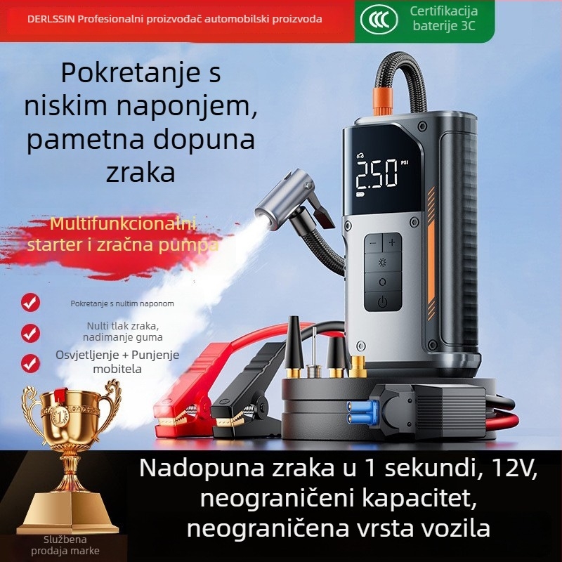 Automobilski nužni start 12V | Bežično punjenje, pumpa za gume s 40 cm cijevi, digitalni zaslon, Soft-Pack baterija 4 ćelije