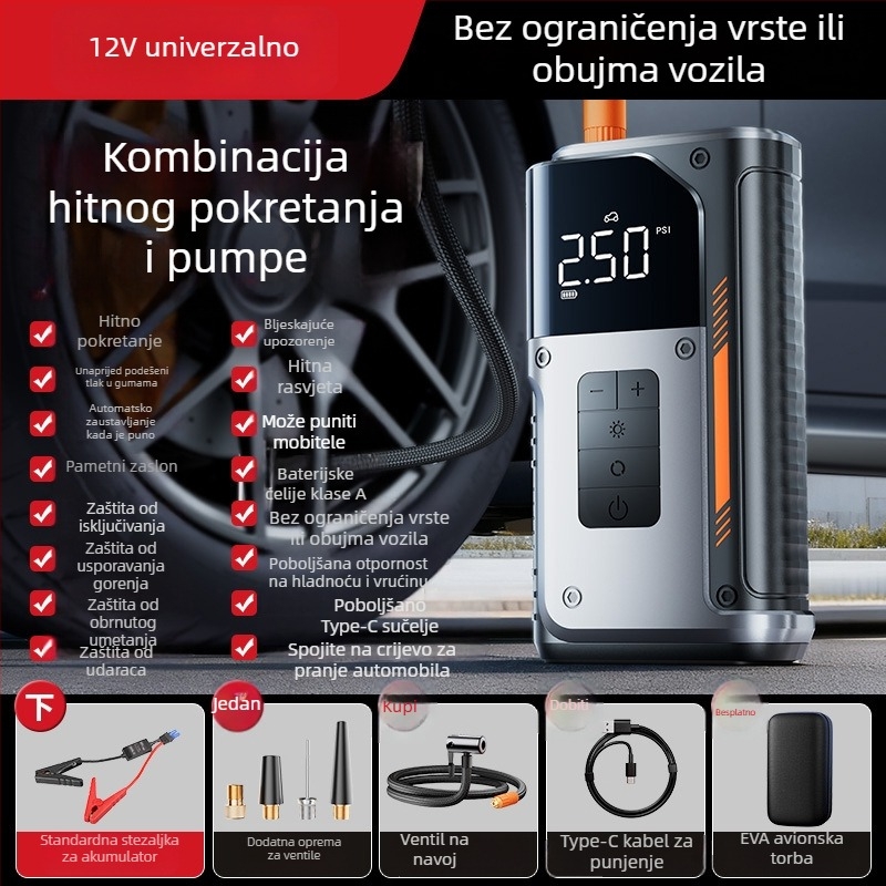 Automobilski nužni start 12V | Bežično punjenje, pumpa za gume s 40 cm cijevi, digitalni zaslon, Soft-Pack baterija 4 ćelije