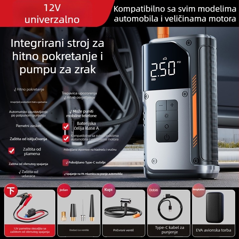 Automobilski nužni start 12V | Bežično punjenje, pumpa za gume s 40 cm cijevi, digitalni zaslon, Soft-Pack baterija 4 ćelije