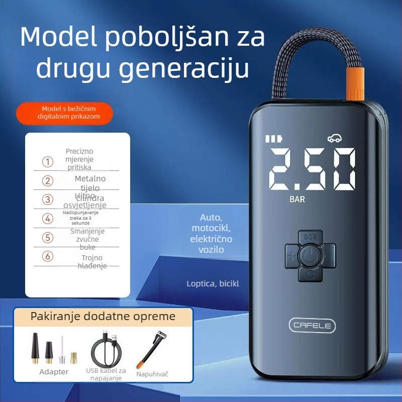 Carvelo bežična pumpa za napuhavanje guma automobila, bicikala i motocikala - dvostruki cilindar, 120 W, 24 V, 40 L/min, digitalni LCD zaslon