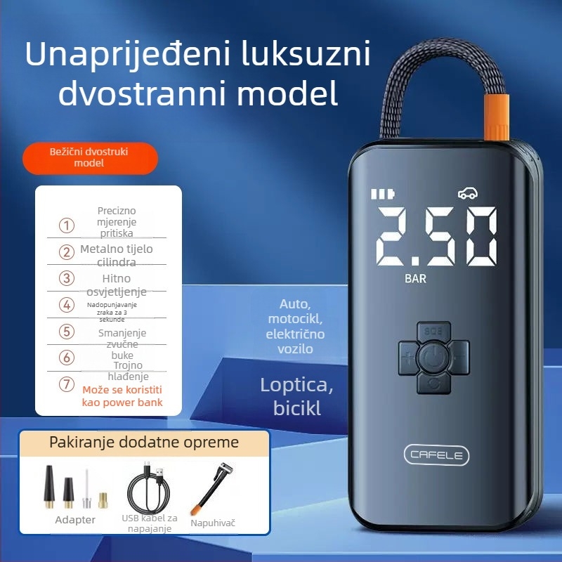 Carvelo bežična pumpa za napuhavanje guma automobila, bicikala i motocikala - dvostruki cilindar, 120 W, 24 V, 40 L/min, digitalni LCD zaslon