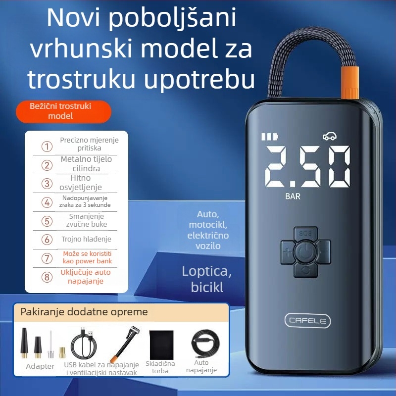 Carvelo bežična pumpa za napuhavanje guma automobila, bicikala i motocikala - dvostruki cilindar, 120 W, 24 V, 40 L/min, digitalni LCD zaslon