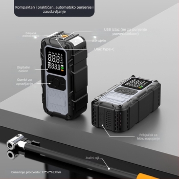 Automobilski pokretač s integriranom pumpom za zrak i USB power bankom (12V, 100W, punjivi, 25 L/min, digitalni zaslon)