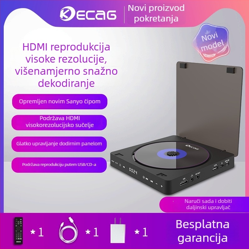 Prijenosni DVD player KC-708 s USB sučeljem, HDMI/AV izlaz, podržava CD/VCD/DVD/AVI/MP3/WMA, napajanje 5V 7.5W