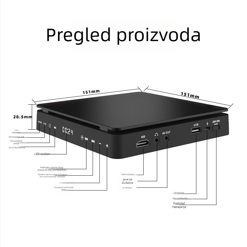 Prijenosni DVD player KC-708 s USB sučeljem, HDMI/AV izlaz, podržava CD/VCD/DVD/AVI/MP3/WMA, napajanje 5V 7.5W