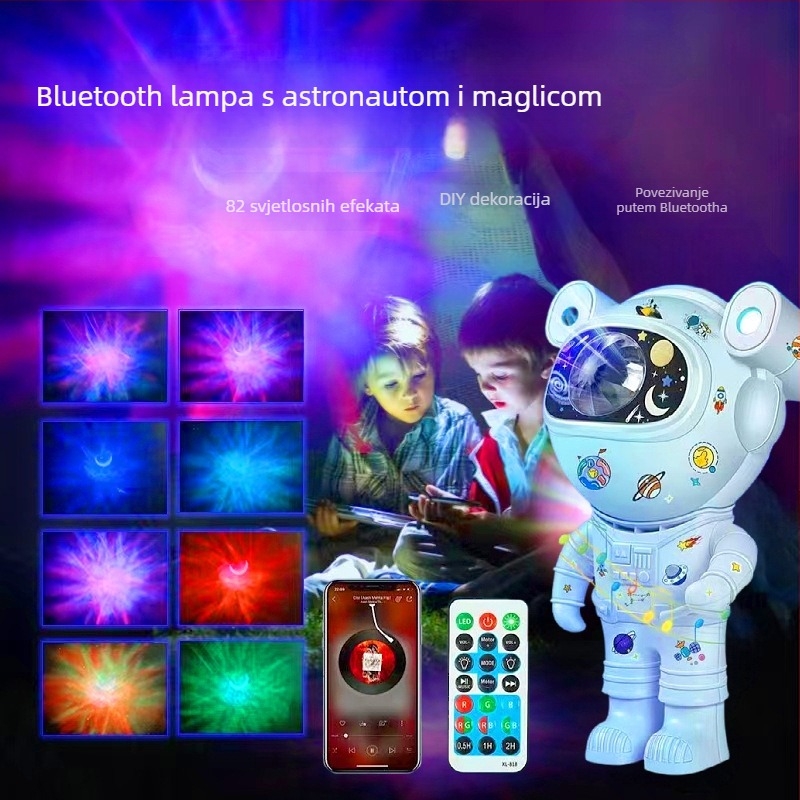 Lampa za projekciju s glasovnim upravljanjem, astronaut tema, atmosfera polarne svjetlosti i zvjezdjanog neba, Bluetooth glazbeni projektor i noćna svjetiljka