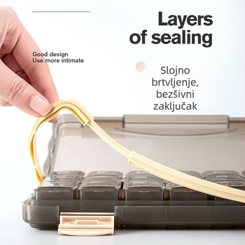 Kutija za lijekove s pregradama i poklopcem, 21- ili 28 pregrada, kapacitet 1 L, materijali ABS/PP/silikon