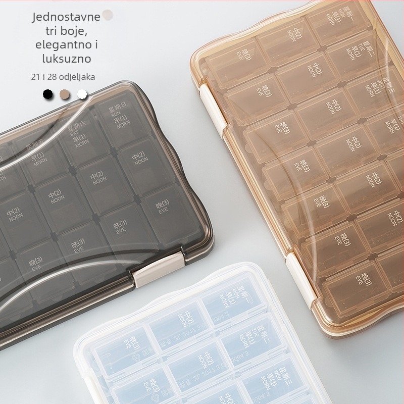 Kutija za lijekove s pregradama i poklopcem, 21- ili 28 pregrada, kapacitet 1 L, materijali ABS/PP/silikon