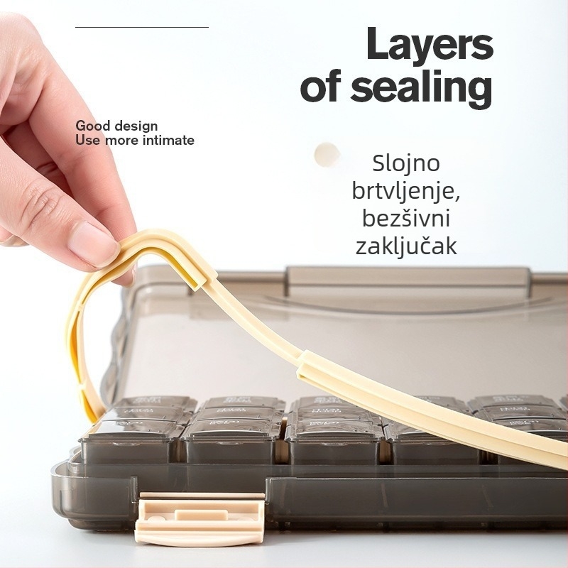 Kutija za lijekove s pregradama i poklopcem, 21- ili 28 pregrada, kapacitet 1 L, materijali ABS/PP/silikon