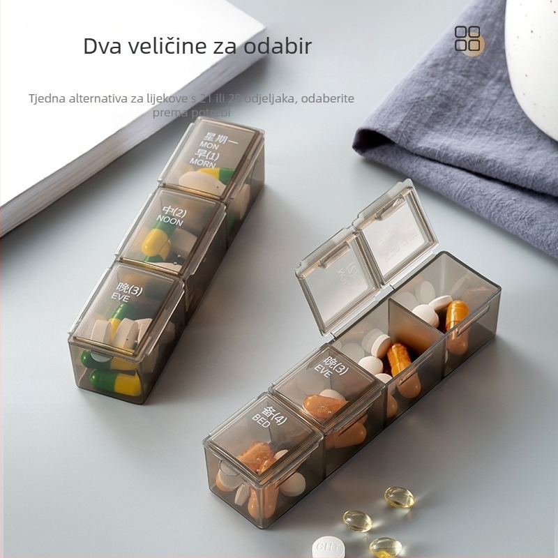 Kutija za lijekove s pregradama i poklopcem, 21- ili 28 pregrada, kapacitet 1 L, materijali ABS/PP/silikon