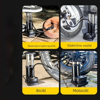 Pedalna pumpa za bicikl s dvostrukim cilindrom, manometrom i iglom za zrak, prijenosna