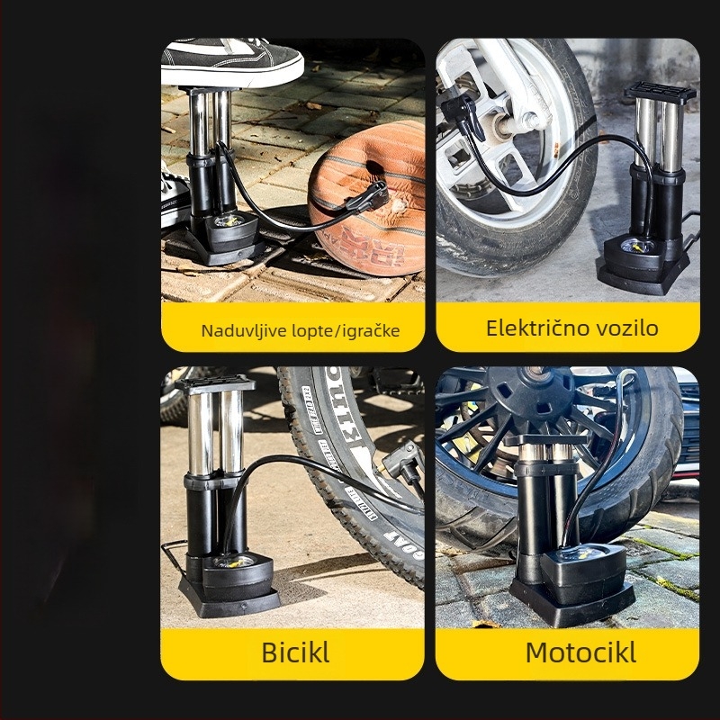 Pedalna pumpa za bicikl s dvostrukim cilindrom, manometrom i iglom za zrak, prijenosna