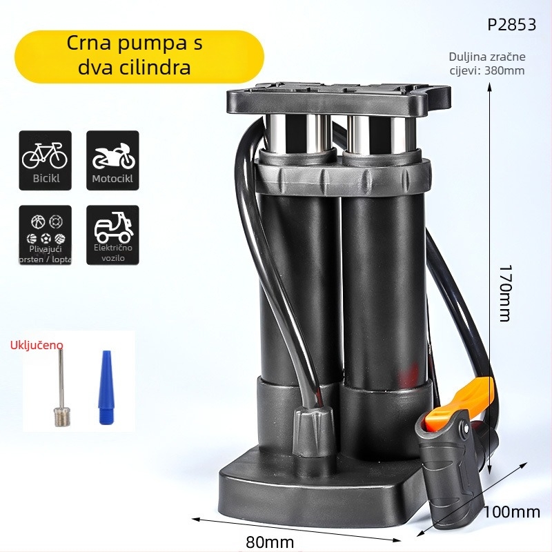 Pedalna pumpa za bicikl s dvostrukim cilindrom, manometrom i iglom za zrak, prijenosna