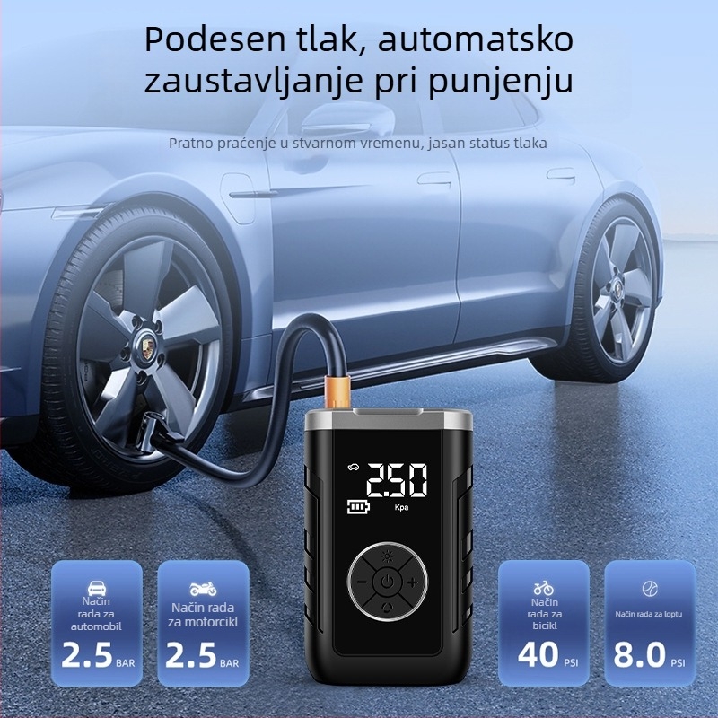 Automobilska pumpa za zrak s dvostrukim napajanjem, bežična, digitalni LCD zaslon, mjerenje tlaka u gumama, USB punjenje