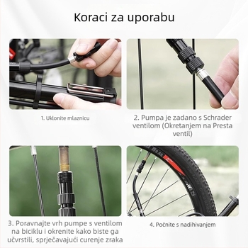 Ručna pumpa za bicikl s manometrom, model 2821CB, tlak 140 psi, aluminijsko tijelo, 165 g