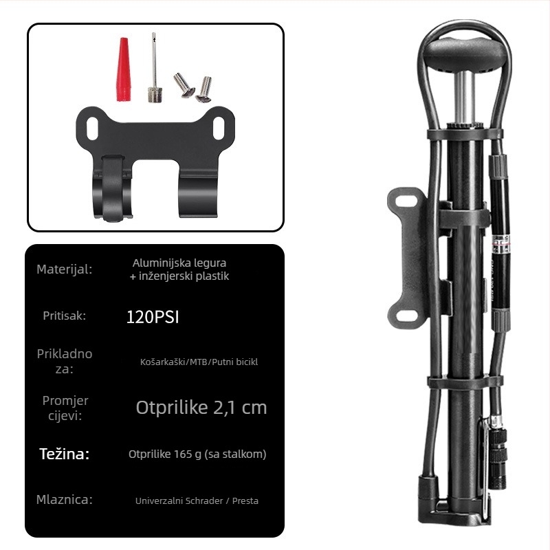Ručna pumpa za bicikl s manometrom, model 2821CB, tlak 140 psi, aluminijsko tijelo, 165 g