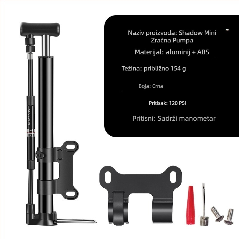 Ručna pumpa za bicikl s manometrom, model 2821CB, tlak 140 psi, aluminijsko tijelo, 165 g