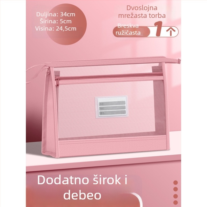 Najlon mrežasta torba za dokumente sa zatvaračem, dvostruki sloj mreže, velika sposobnost skladištenja