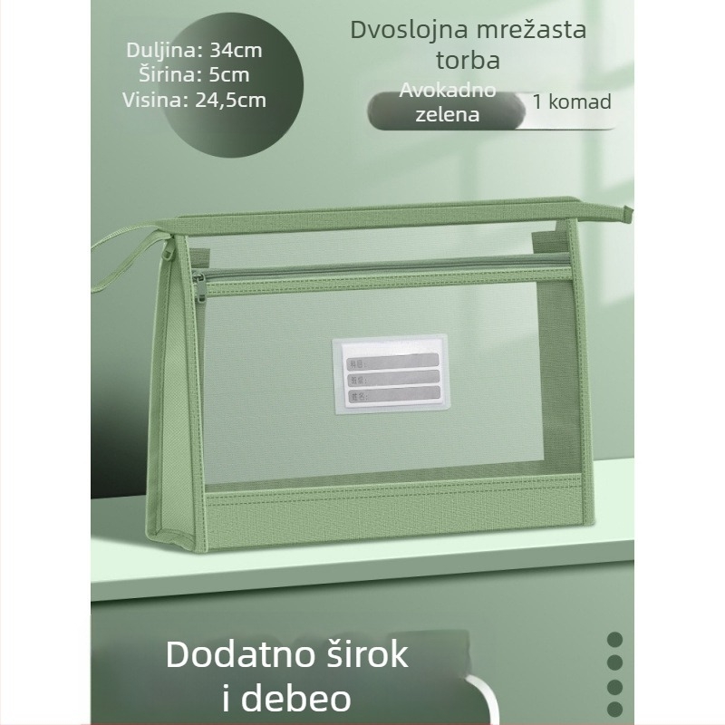 Najlon mrežasta torba za dokumente sa zatvaračem, dvostruki sloj mreže, velika sposobnost skladištenja