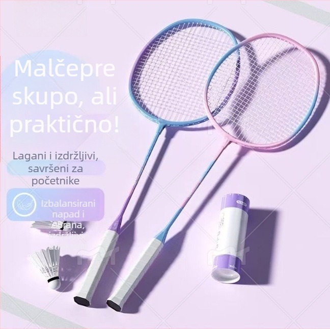 Dva reketa za badminton za odrasle i djecu — ultra lagan ofenzivni dizajn, okvir od željezne legure, težina 95–100 g, drška G2