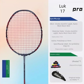 Badminton reketa – ofenzivni model, okvir od karbonskih vlakana, težina 80–84 g, Mid-Shaft Foam tehnologija, debljina ručke G5