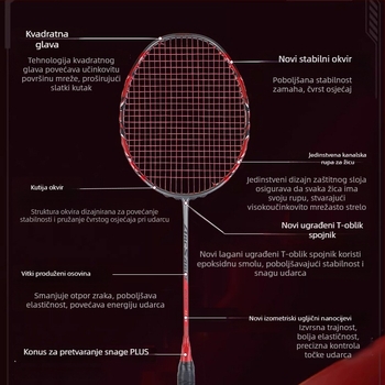 Badminton reketa – ofenzivni model, okvir od karbonskih vlakana, težina 80–84 g, Mid-Shaft Foam tehnologija, debljina ručke G5