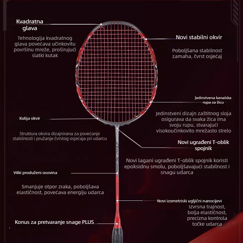 Badminton reketa – ofenzivni model, okvir od karbonskih vlakana, težina 80–84 g, Mid-Shaft Foam tehnologija, debljina ručke G5