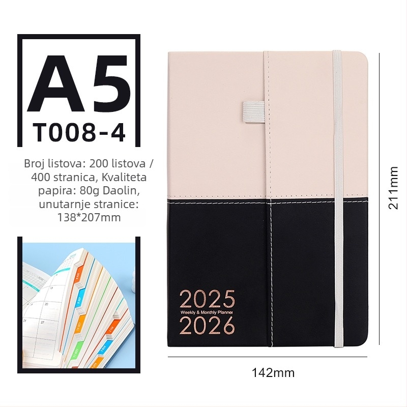 Bilježnica s dvobojnim kožnim pokrovom, dnevni planer 2026, jedna stranica dnevno, Daolin papir 80G, 100–200 stranica