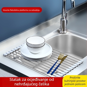 Sklopivi stalak od nehrđajućeg čelika za odvodnju sudopera sa silikonskom rolnom zavjesom, za pranje voća i povrća