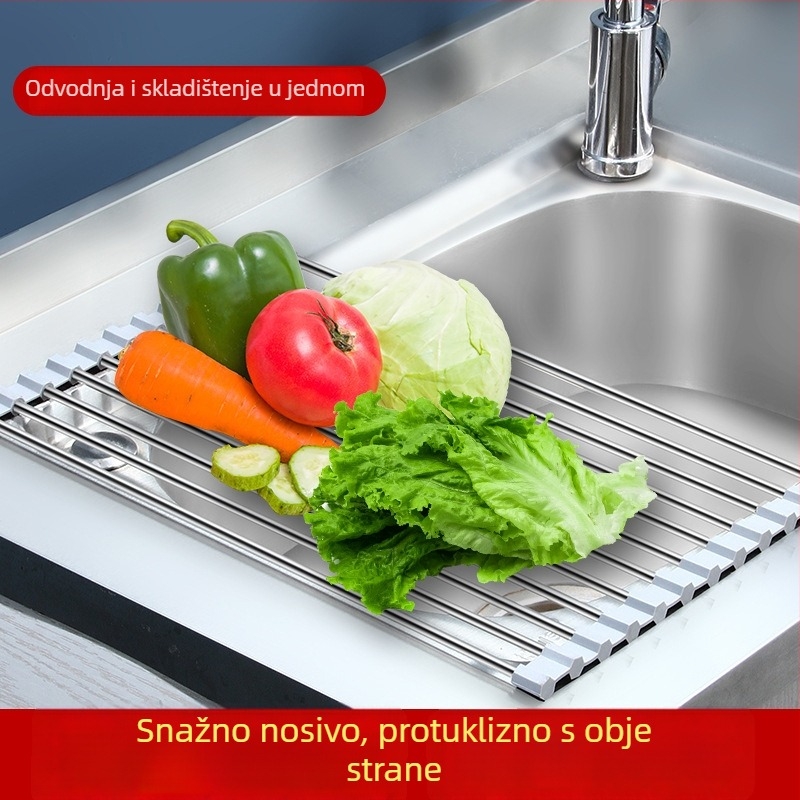 Sklopivi stalak od nehrđajućeg čelika za odvodnju sudopera sa silikonskom rolnom zavjesom, za pranje voća i povrća
